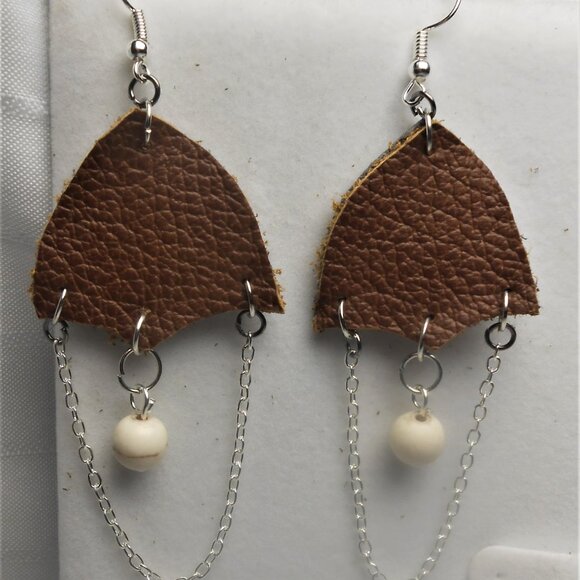 No.1138 Handmade earrings with leather pieces 2 1/2 inches long - Picture 2 of 4